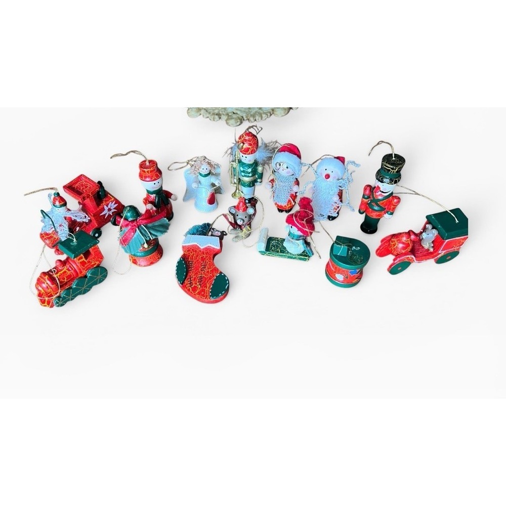VTG Wooden Christmas Ornaments Lot Crackle Paint Erzgebirge Style 12 Pc Train